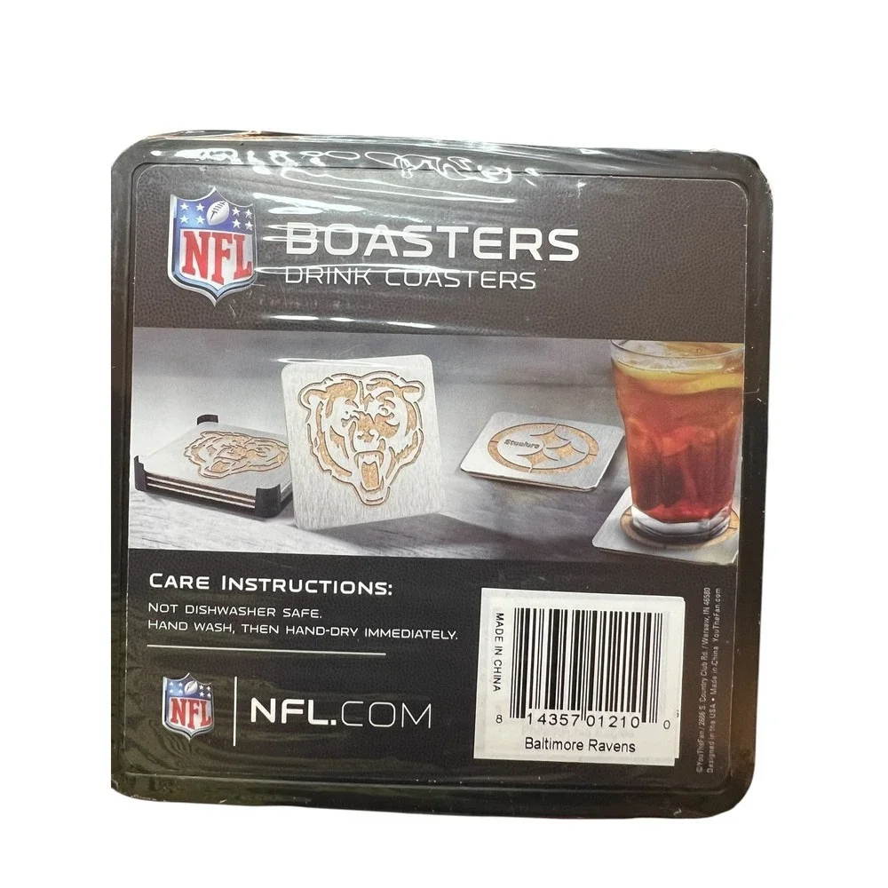 NFL Baltimore Ravens Boasters Drink Coasters Set Stainless Steel Cork 4 Pack NEW